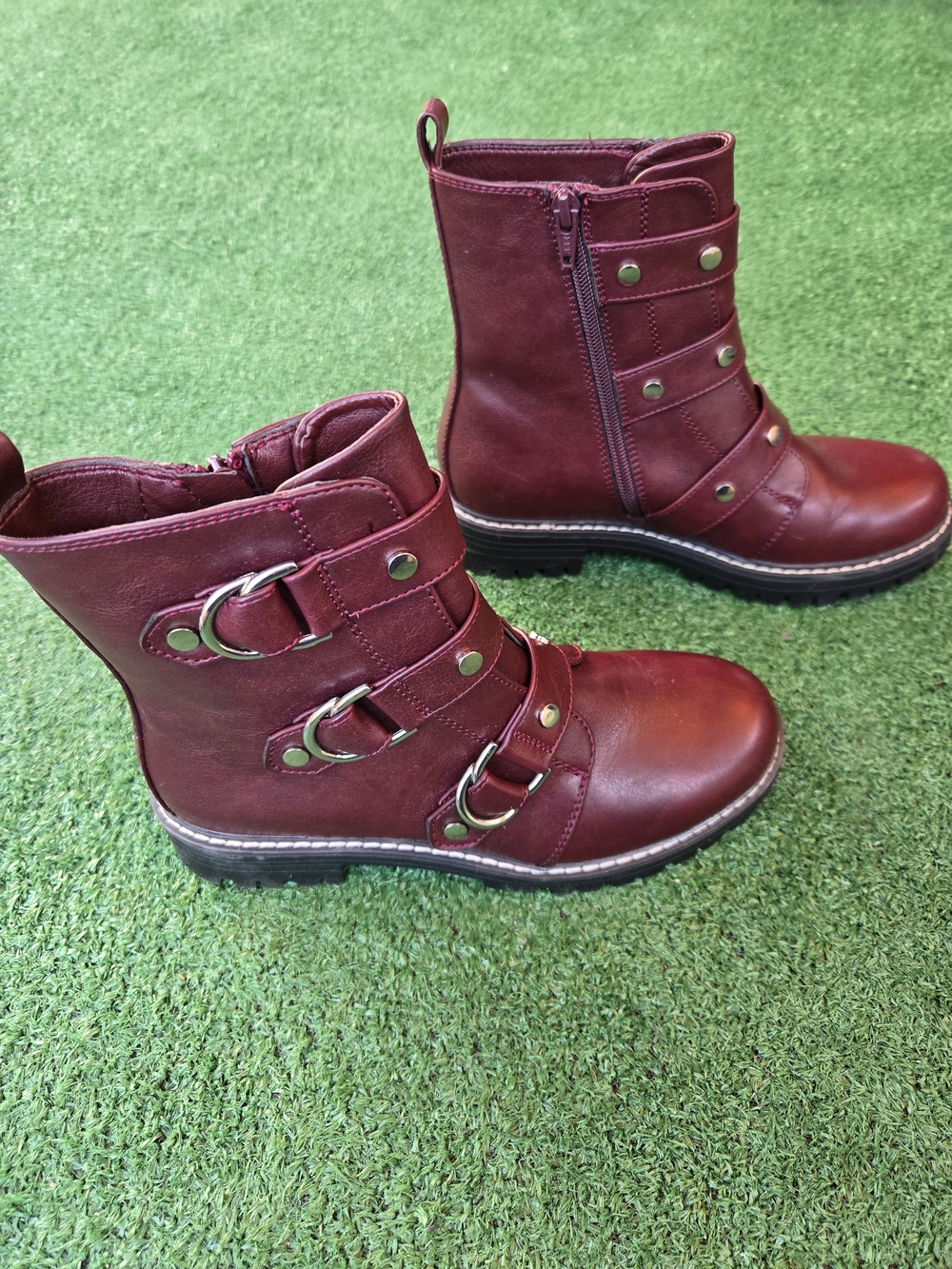 SO Cichlid Moto Combat Boots featuring a deep wine red color and silver hardware - Picture 2 of 7